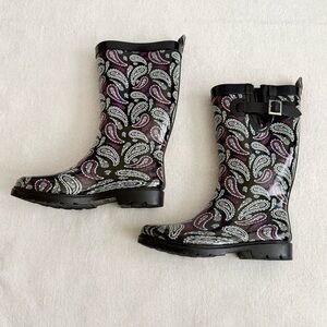 Paisley Rubber Rain Boots Black Purple